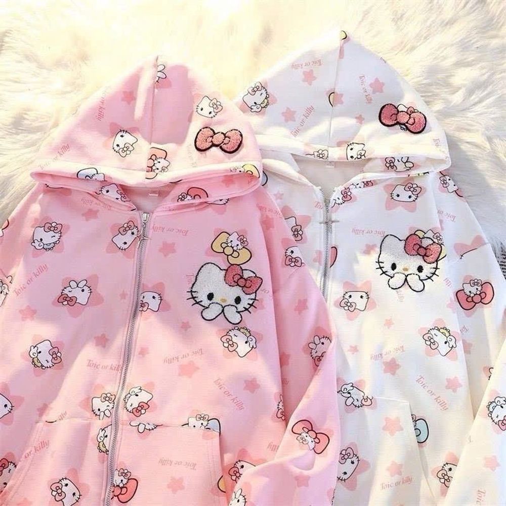 Áo khoác hoodie zip in HELLO KTTY chất nit bông dày mịn freesize dưới 70kg
