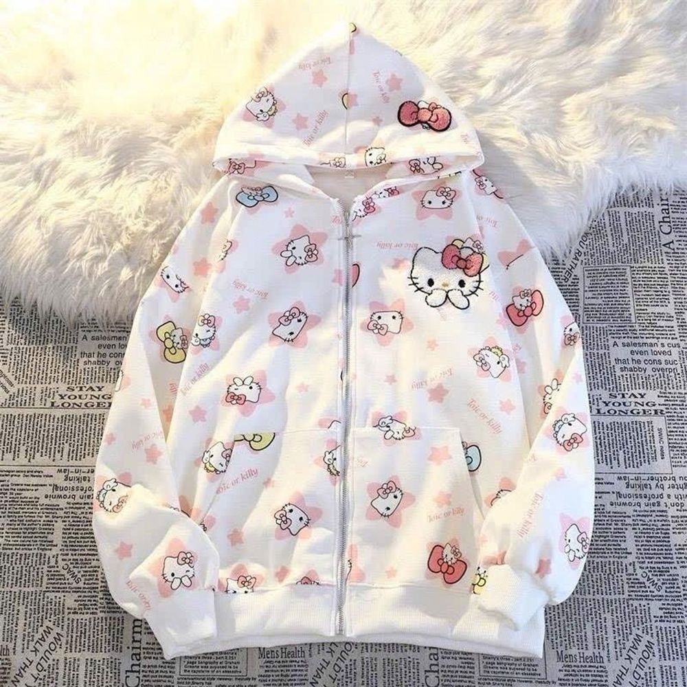 Áo khoác hoodie zip in HELLO KTTY chất nit bông dày mịn freesize dưới 70kg