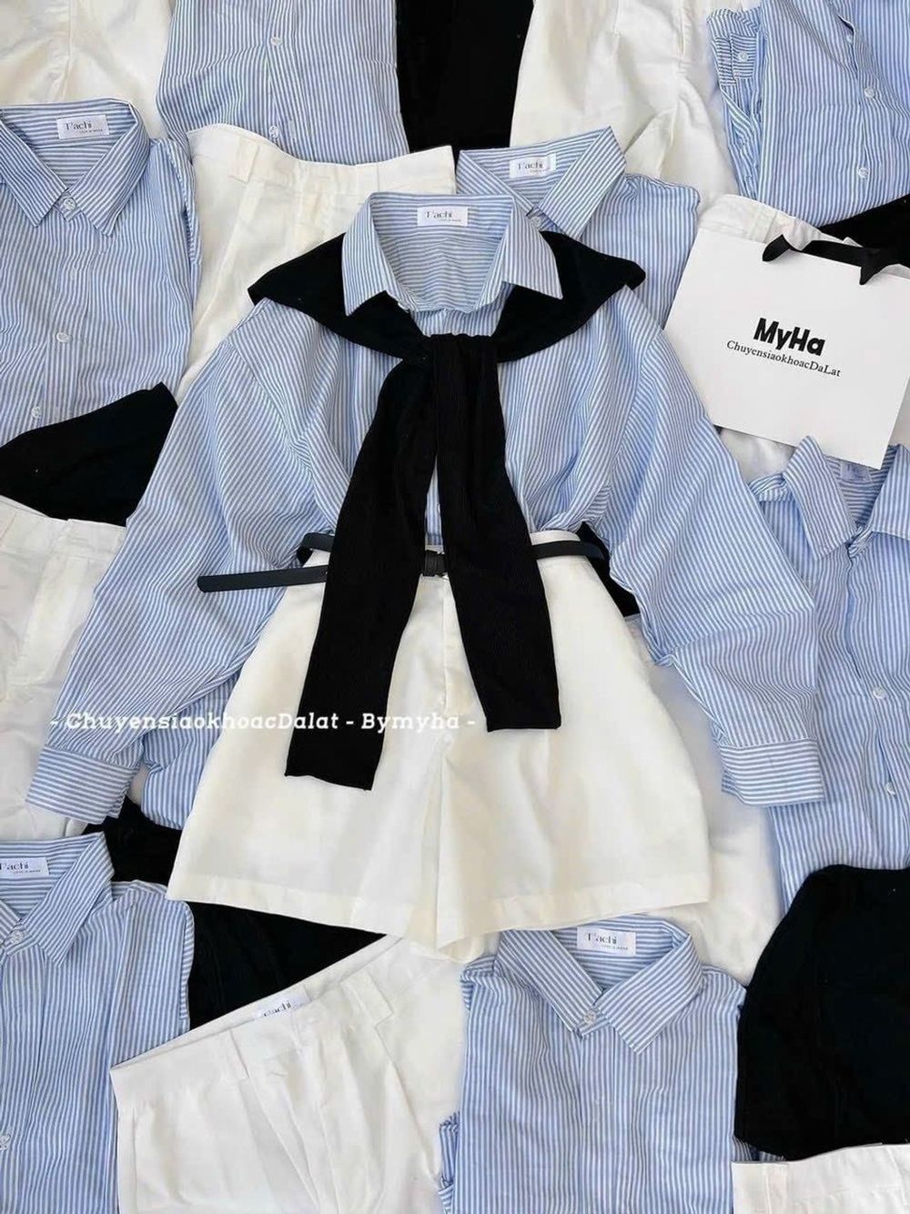 SET 4 món áo sơ mi sọc chất kate, khăn choàng, quần kaki mềm kèm dây nịt Freesize dưới 55kg