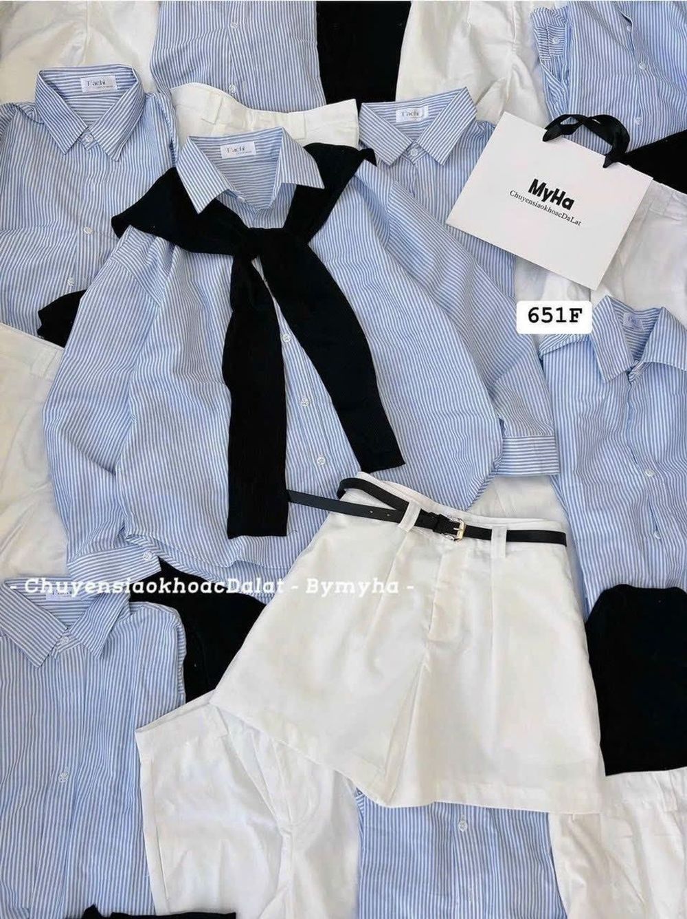 SET 4 món áo sơ mi sọc chất kate, khăn choàng, quần kaki mềm kèm dây nịt Freesize dưới 55kg