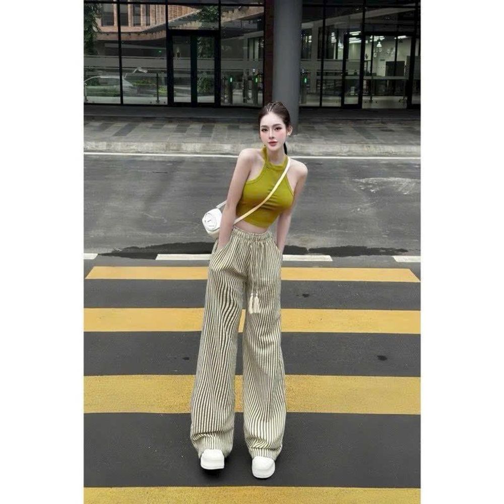 Quần sọc dáng suông ống rộng, chất đũi mềm lưng thun, dây luồng 2 size L và XL