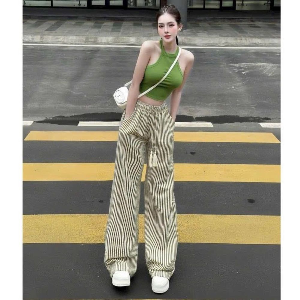 Quần sọc dáng suông ống rộng, chất đũi mềm lưng thun, dây luồng 2 size L và XL