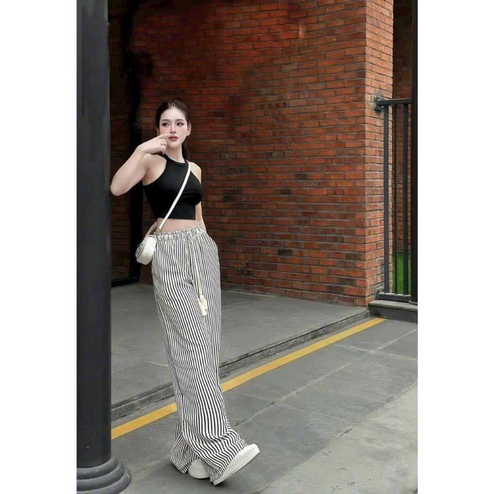Quần sọc dáng suông ống rộng, chất đũi mềm lưng thun, dây luồng 2 size L và XL