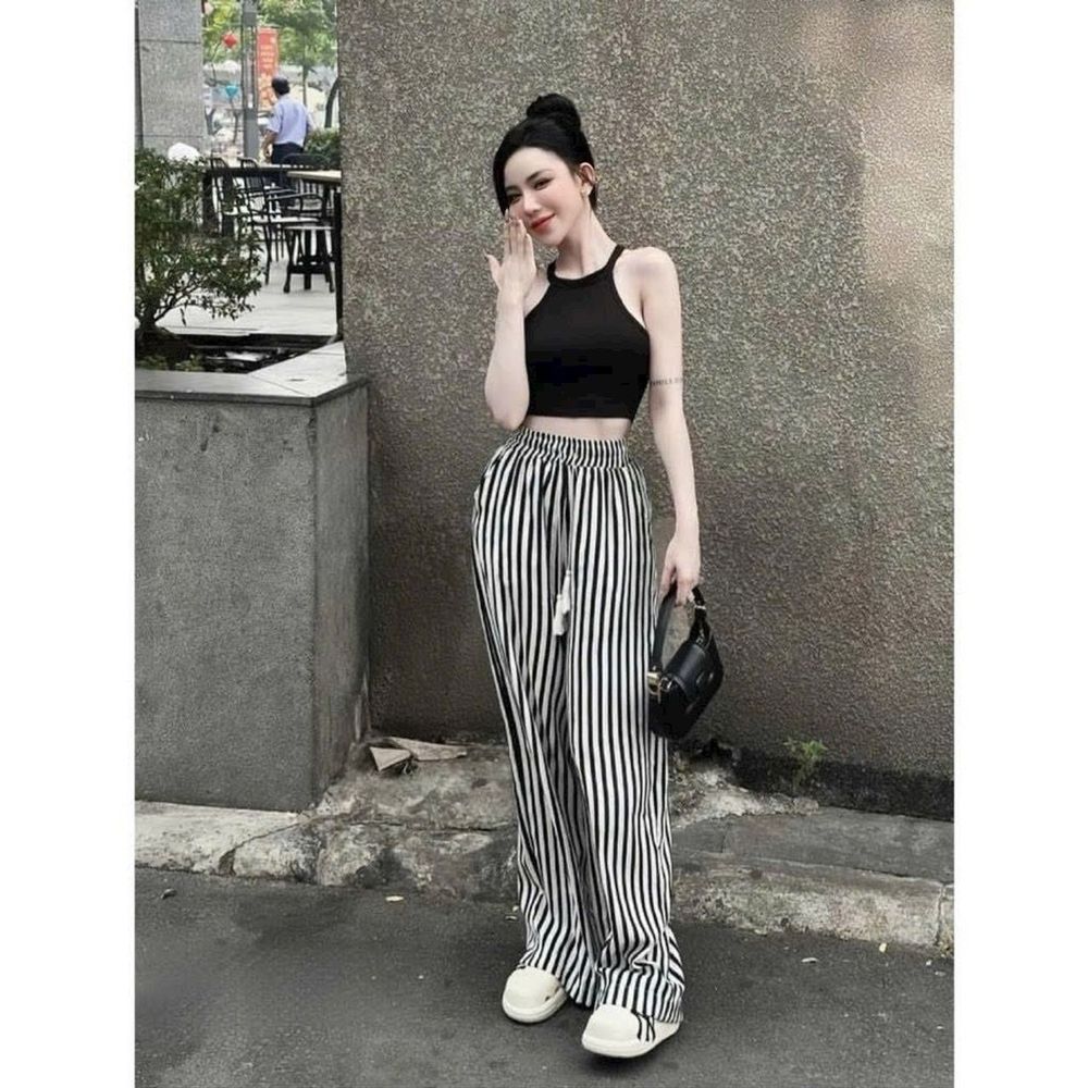 Quần sọc dáng suông ống rộng, chất đũi mềm lưng thun, dây luồng 2 size L và XL