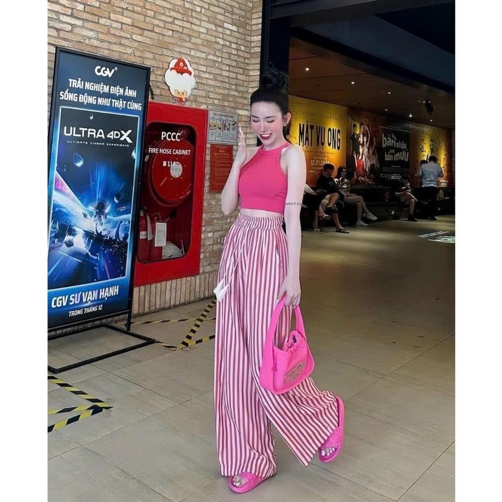 Quần sọc dáng suông ống rộng, chất đũi mềm lưng thun, dây luồng 2 size L và XL