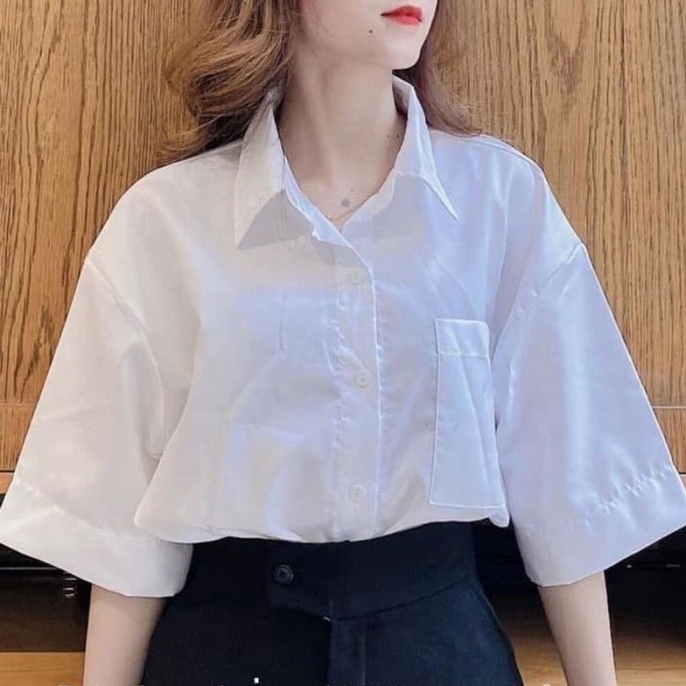 Sơ mi học sinh tay lỡ có túi chất lụa mềm mịn, freesize form unisex 55kg