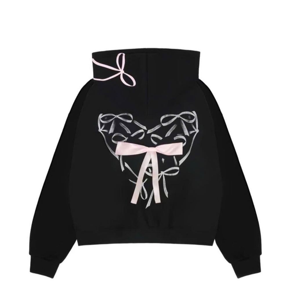 Áo khoác chất thun nỉ xuất khẩu dày mịn in nơ nón và lưng, thân sau đính nơ lụa, nón rộng 2 lớp vải chính, freeisze form rộng dưới 80kg