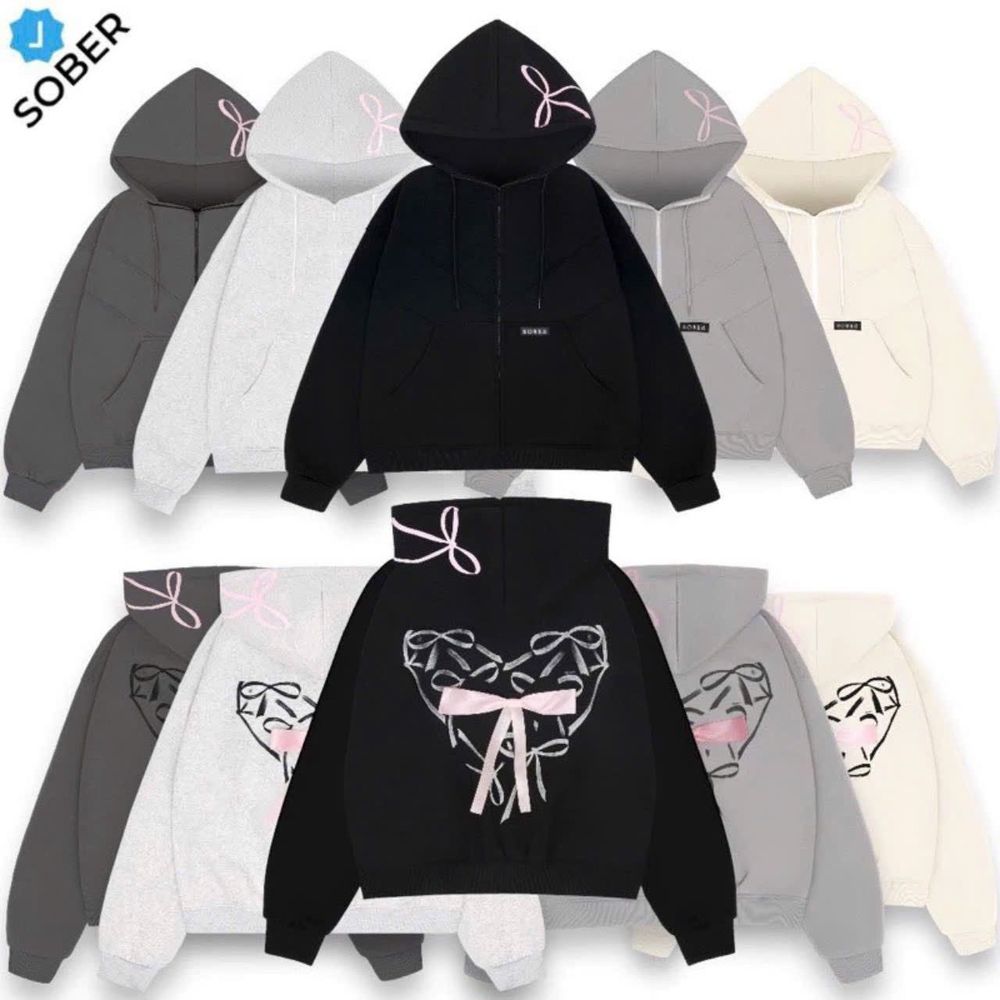 Áo khoác chất thun nỉ xuất khẩu dày mịn in nơ nón và lưng, thân sau đính nơ lụa, nón rộng 2 lớp vải chính, freeisze form rộng dưới 80kg