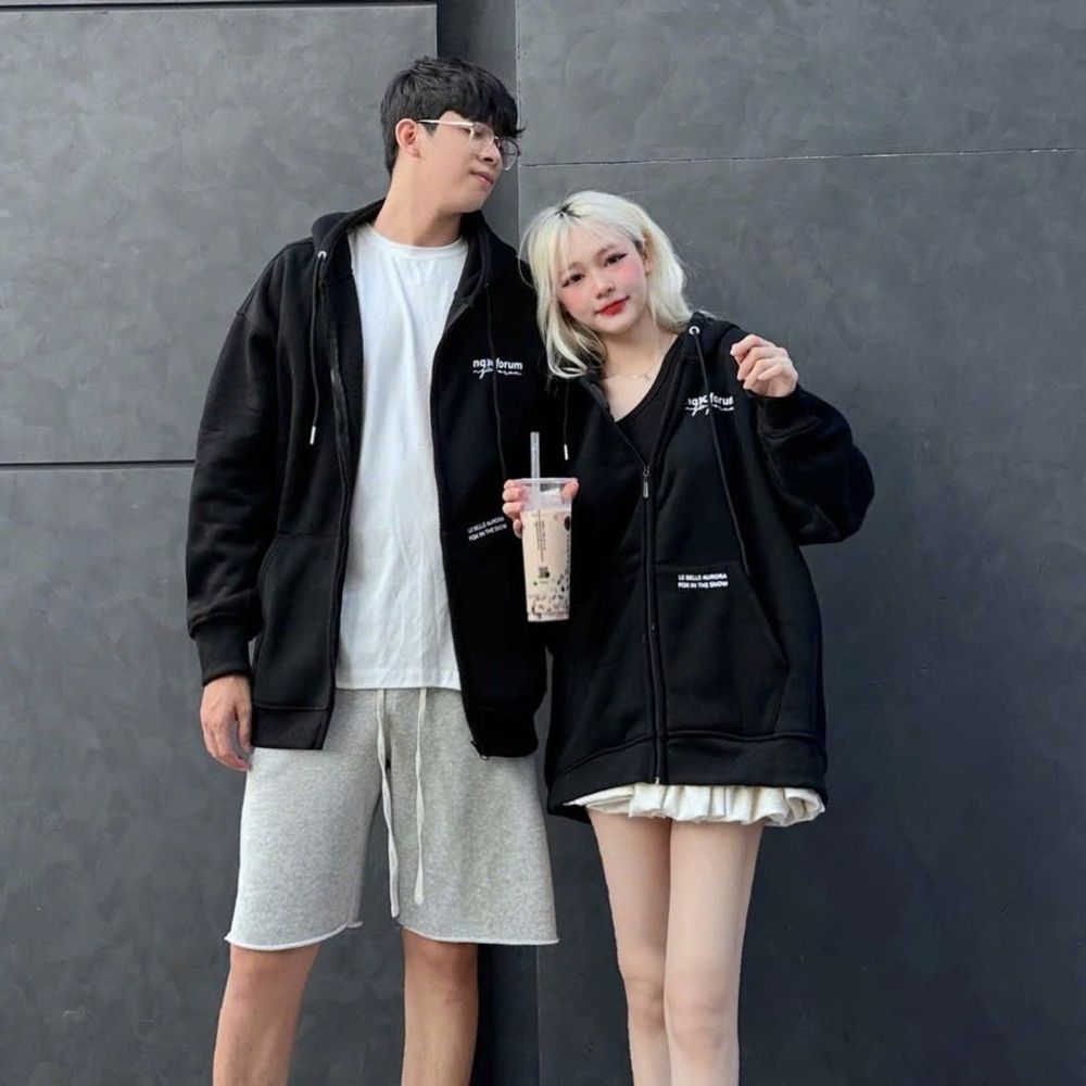 Áo khoác form rộng tay phồng in phản quang nq3oforum chất thun nỉ mềm mịn mát ,nón rộng