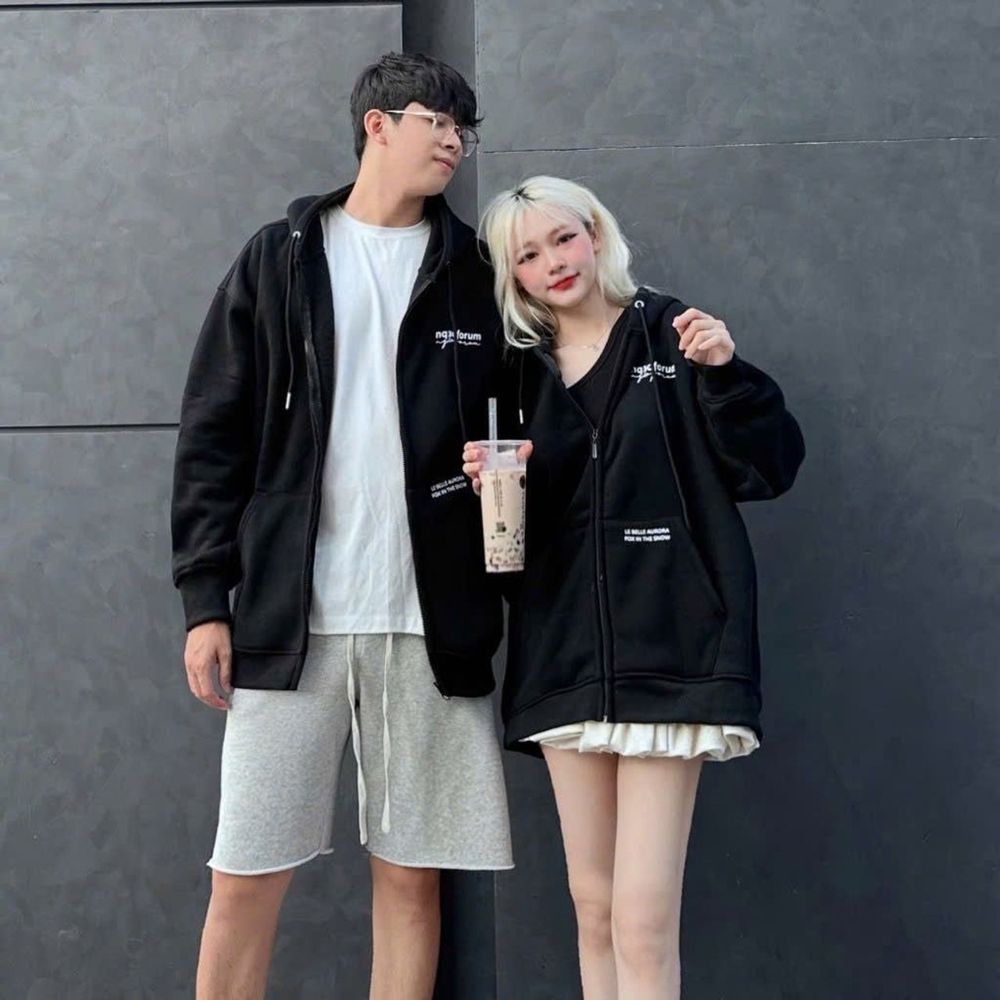 Áo khoác form rộng tay phồng in phản quang nq3oforum chất thun nỉ mềm mịn mát ,nón rộng