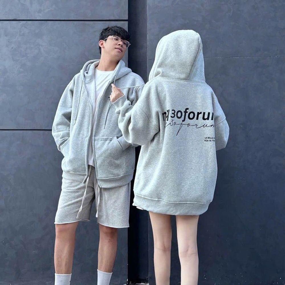 Áo khoác form rộng tay phồng in phản quang nq3oforum chất thun nỉ mềm mịn mát ,nón rộng