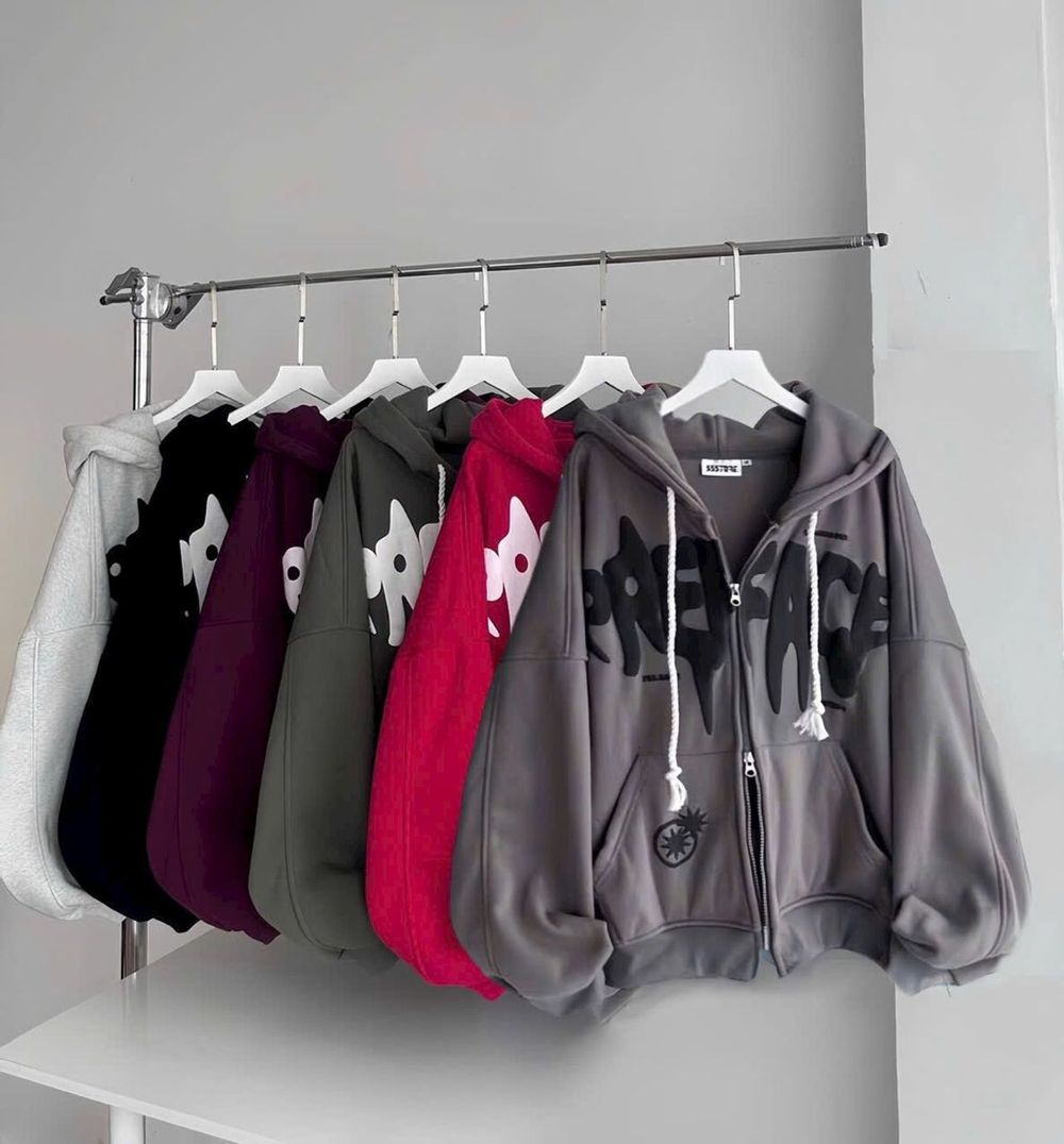 Áo khoác hoodie zip in chữ nổi PREFACE dây kéo 2 đầu