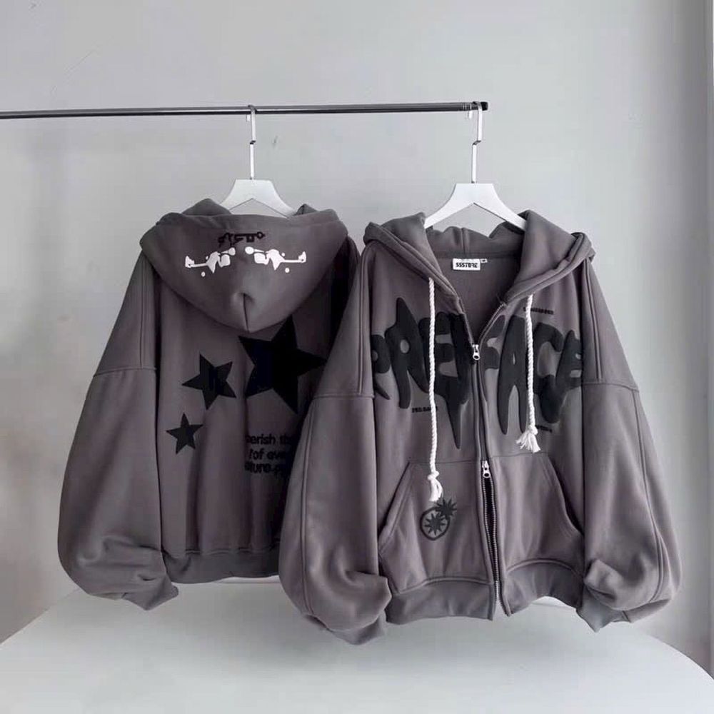 Áo khoác hoodie zip in chữ nổi PREFACE dây kéo 2 đầu