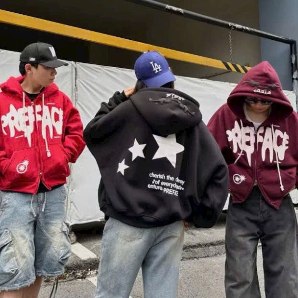 Áo khoác hoodie zip in chữ nổi PREFACE dây kéo 2 đầu