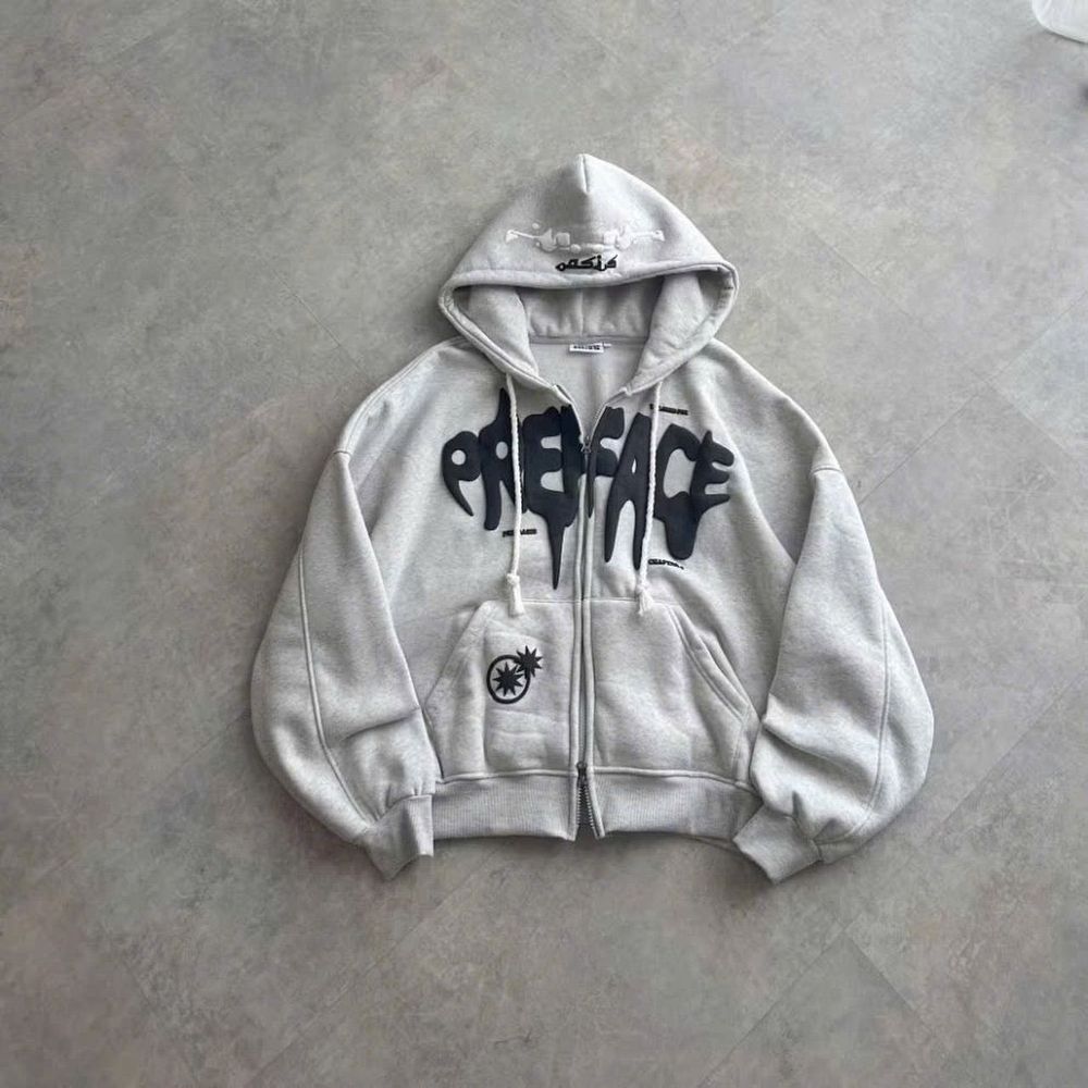 Áo khoác hoodie zip in chữ nổi PREFACE dây kéo 2 đầu