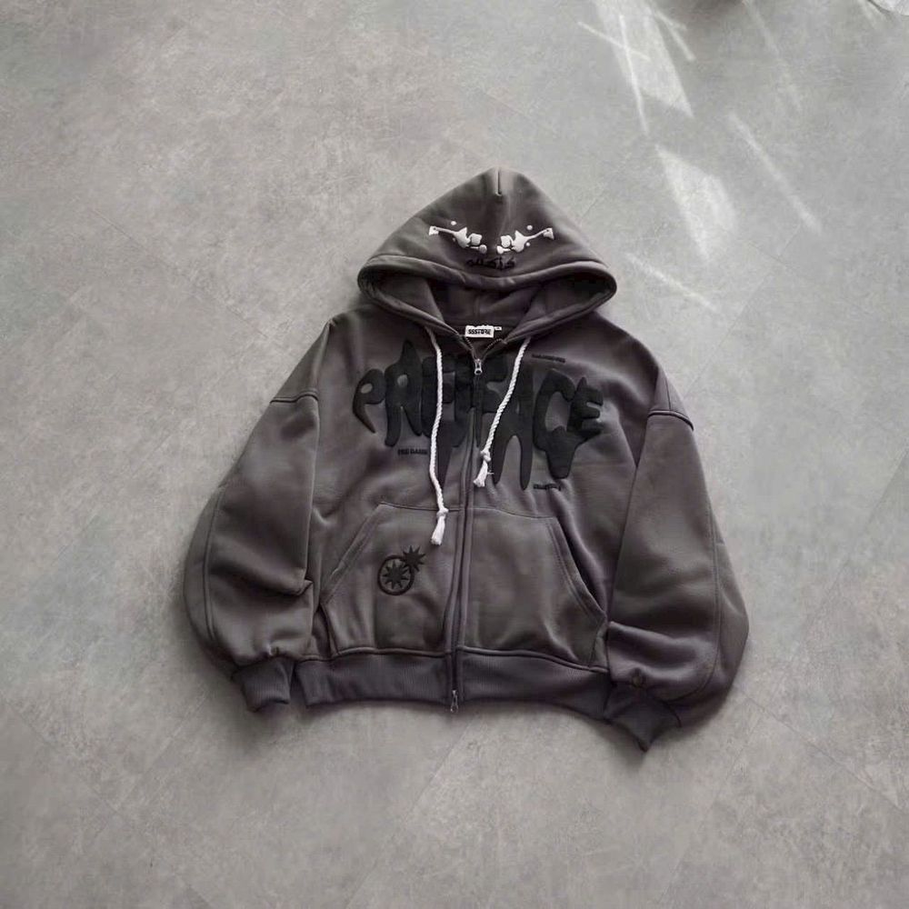 Áo khoác hoodie zip in chữ nổi PREFACE dây kéo 2 đầu