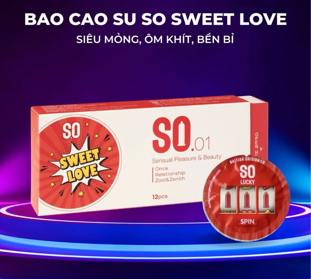 Bao cao su SO SWEET LOVE size 52mm siêu mỏng, hương dâu 12 cái/ hộp