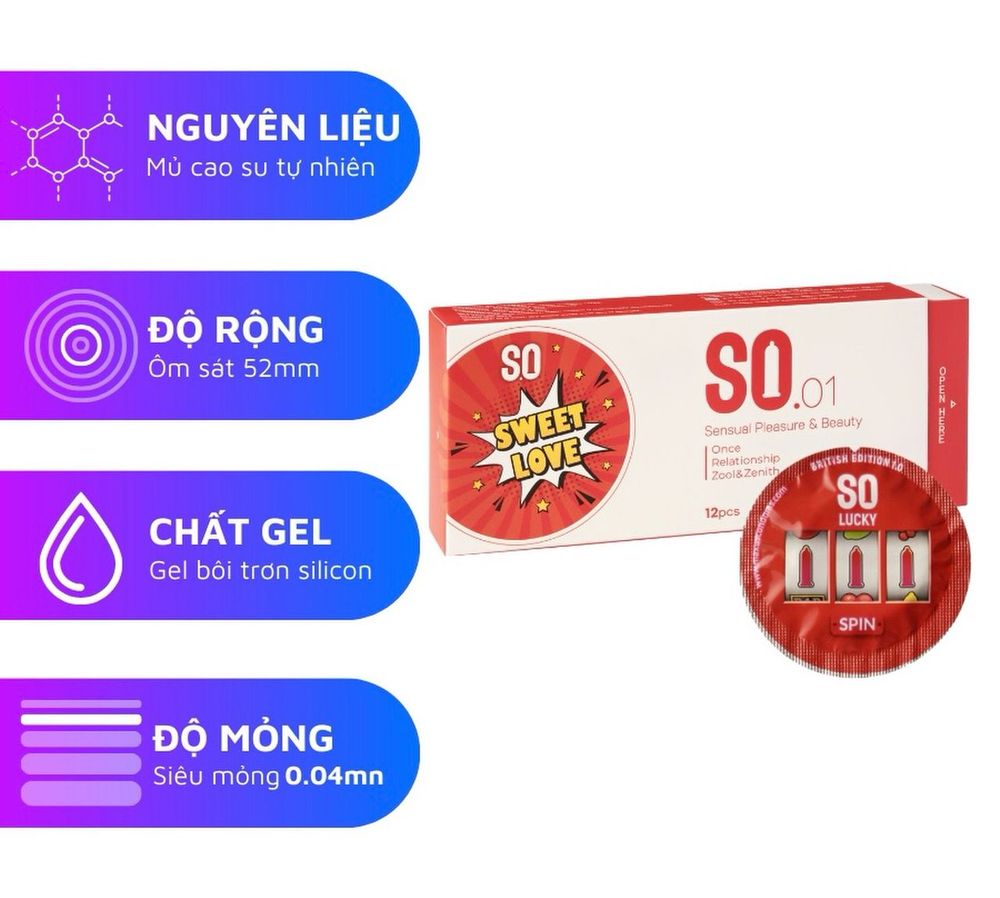 Bao cao su SO SWEET LOVE size 52mm siêu mỏng, hương dâu 12 cái/ hộp