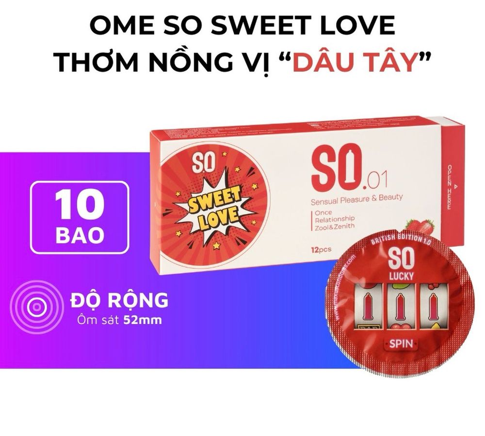 Bao cao su SO SWEET LOVE size 52mm siêu mỏng, hương dâu 12 cái/ hộp