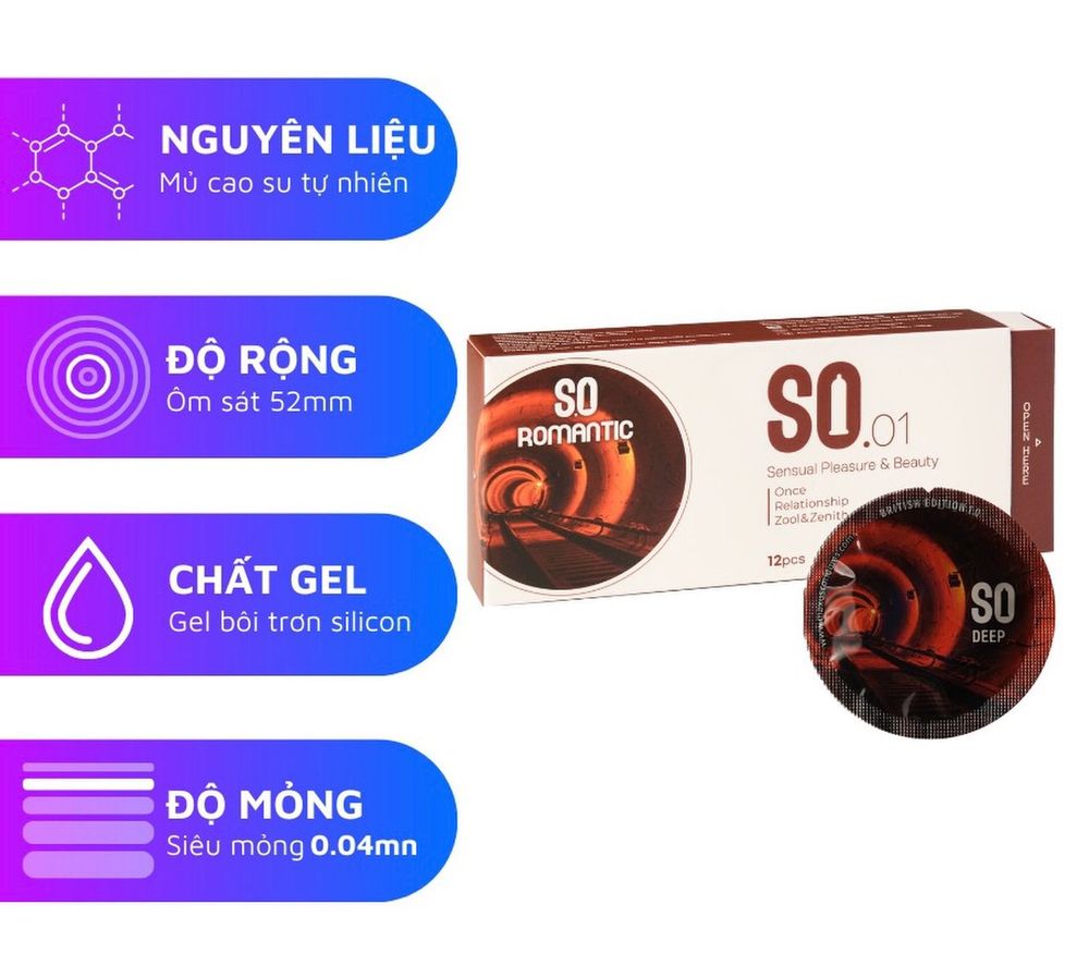 Bao cao su SO ROMANTIC size 52mm siêu mỏng, hương chocolate 12 cái/ hộp
