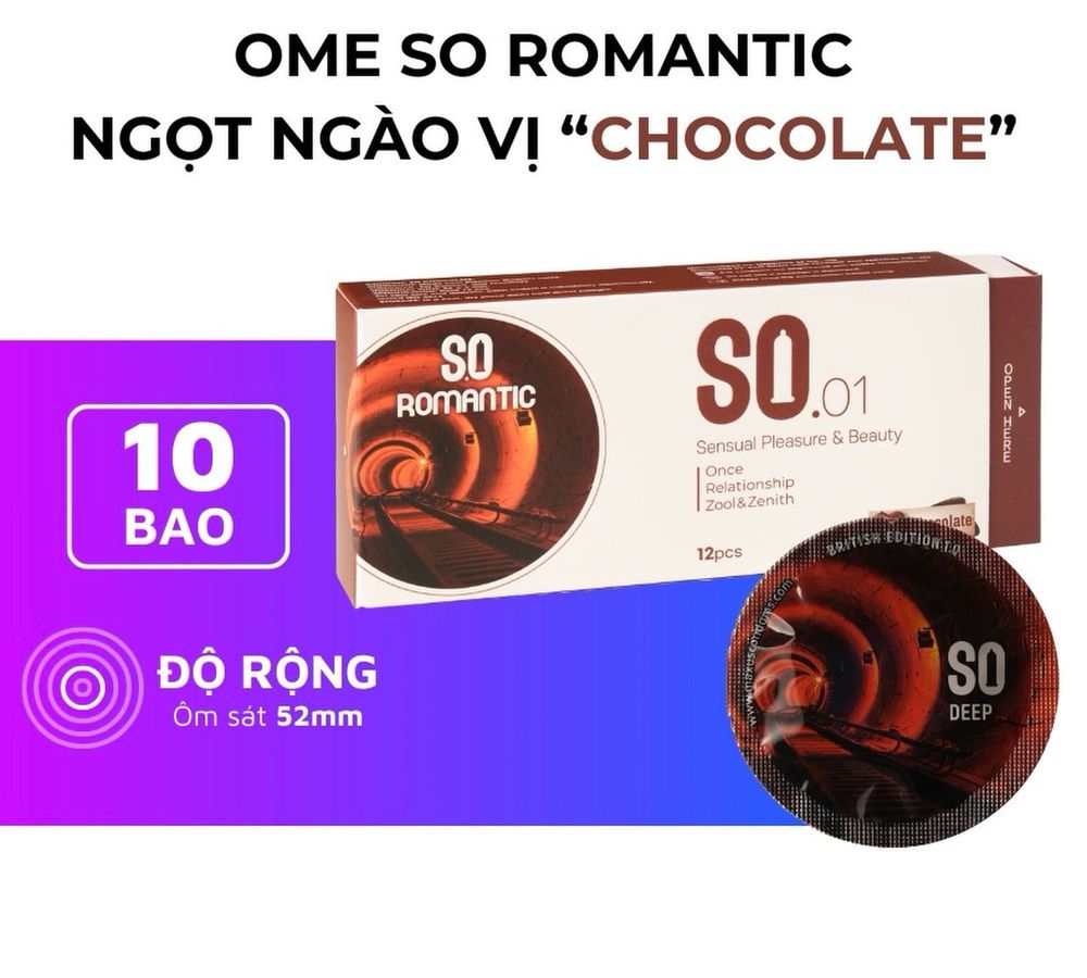 Bao cao su SO ROMANTIC size 52mm siêu mỏng, hương chocolate 12 cái/ hộp