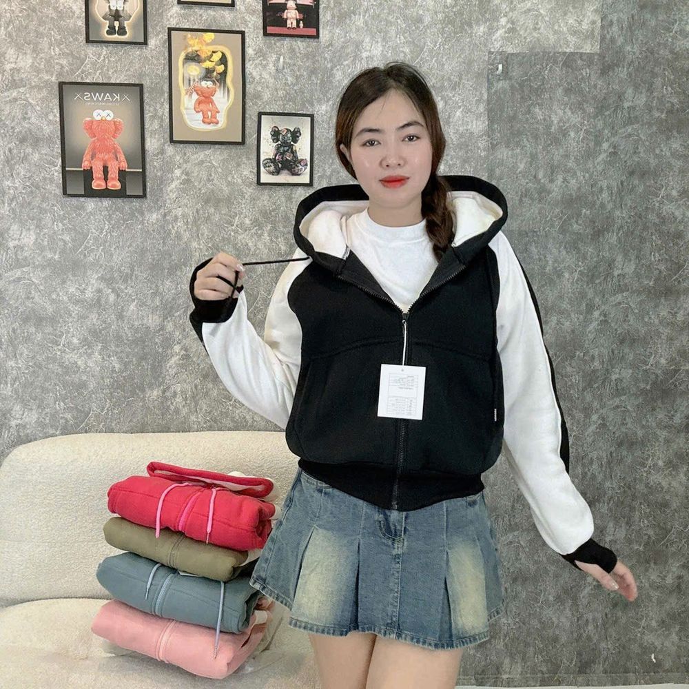 Áo khoác kiểu raplag sọc tay thêu 08 nỉ XK dày mịn tay xỏ ngón