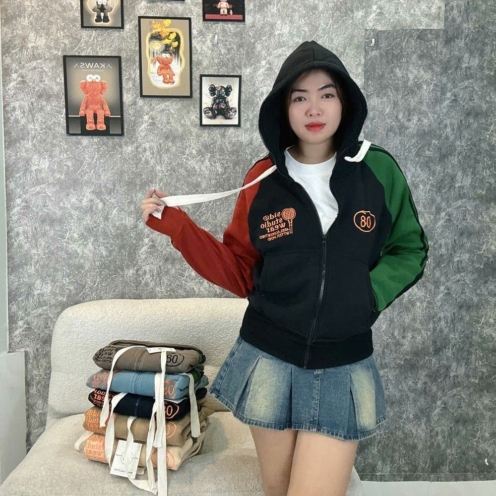 Áo khoác kiểu raplag sọc tay thêu 08 nỉ XK dày mịn tay xỏ ngón