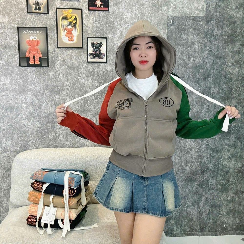 Áo khoác kiểu raplag sọc tay thêu 08 nỉ XK dày mịn tay xỏ ngón