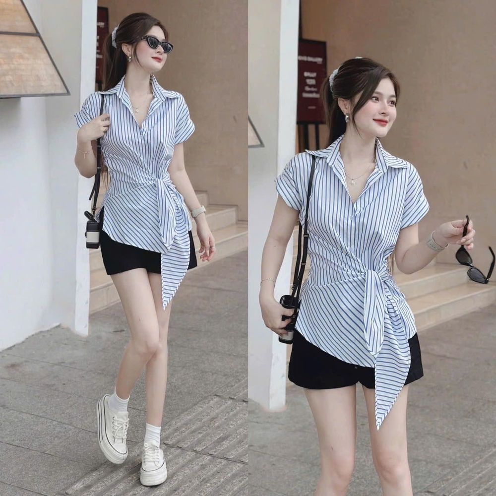ÁO SƠ MI SỌC CỘT TÀ CHÉO Chất vải , Kate sọc Form dưới 52 kí