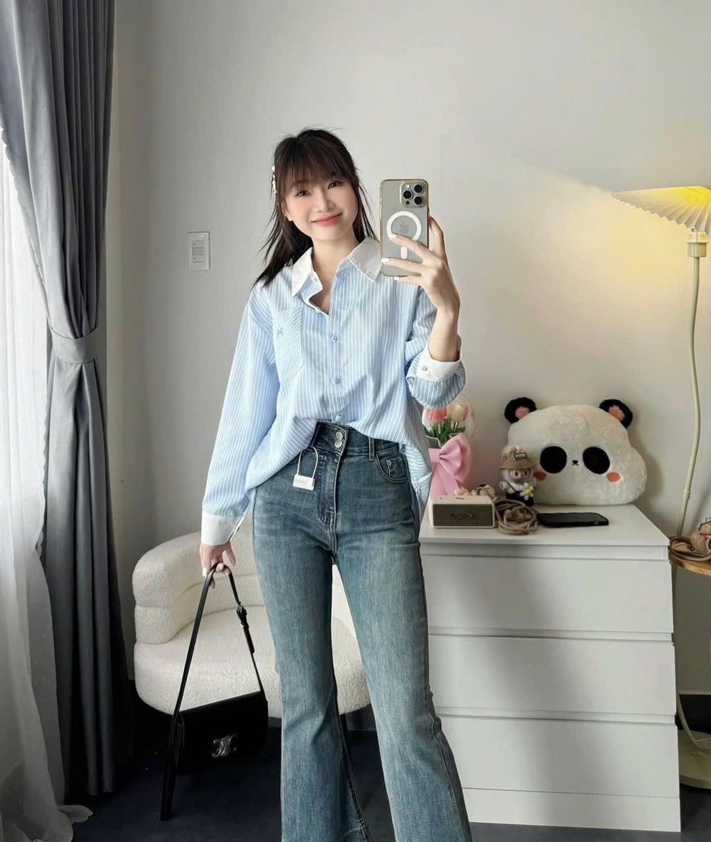 ÁO SƠ MI SỌC CỘT TÀ CHÉO Chất vải , Kate sọc Form dưới 52 kí