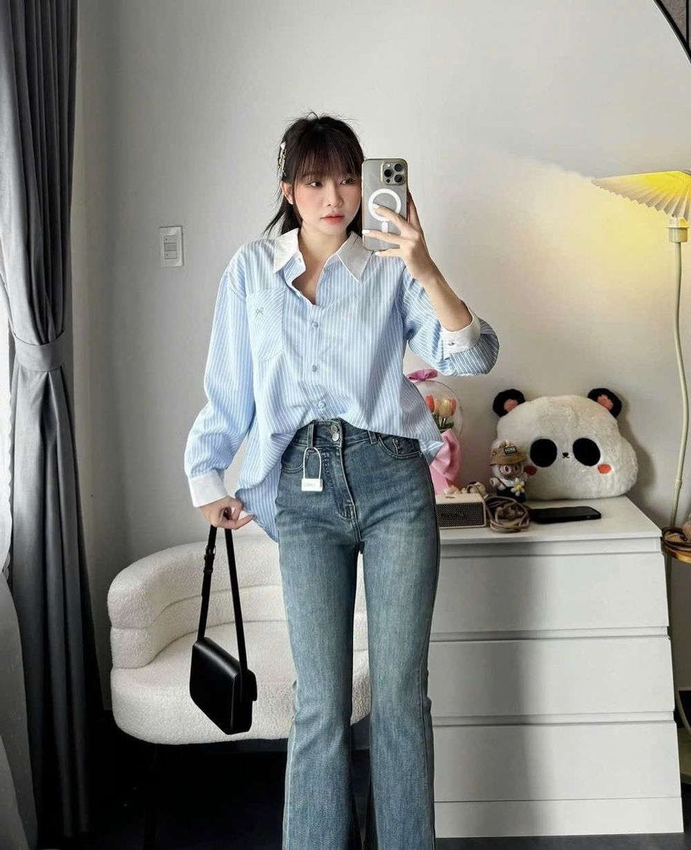 ÁO SƠ MI SỌC CỘT TÀ CHÉO Chất vải , Kate sọc Form dưới 52 kí