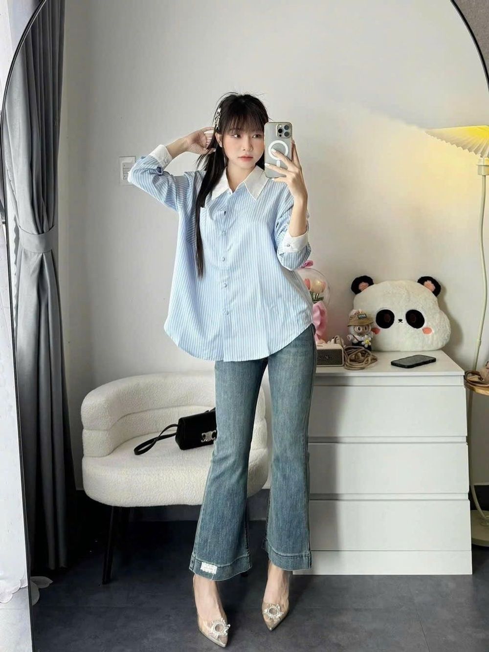 ÁO SƠ MI SỌC CỘT TÀ CHÉO Chất vải , Kate sọc Form dưới 52 kí