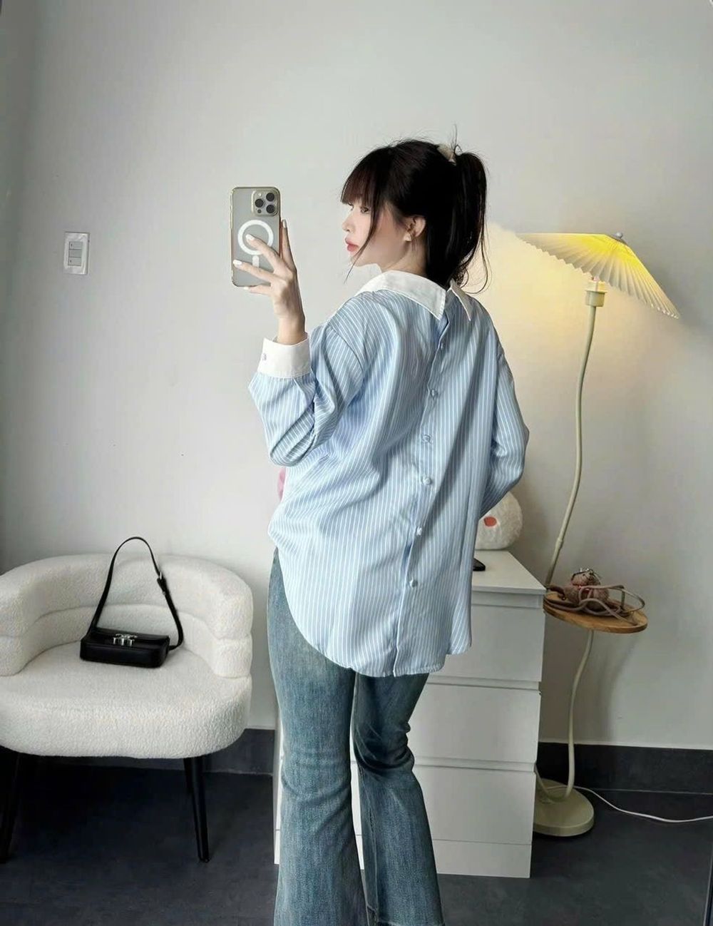 ÁO SƠ MI SỌC CỘT TÀ CHÉO Chất vải , Kate sọc Form dưới 52 kí