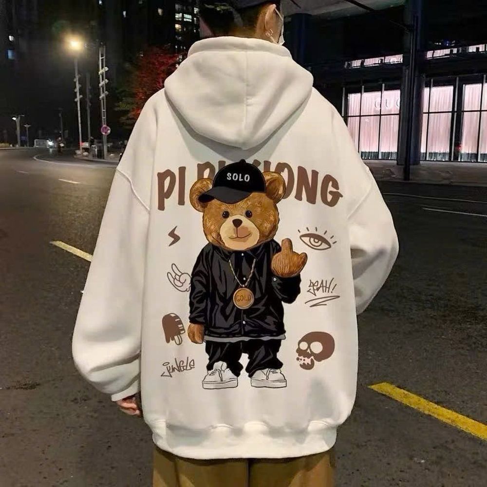 Áo Hoodie in Gấu bự hình in xịn, bền chắc, bao giặt thoải mái,mềm mịn nón 2 lớp vải chính.