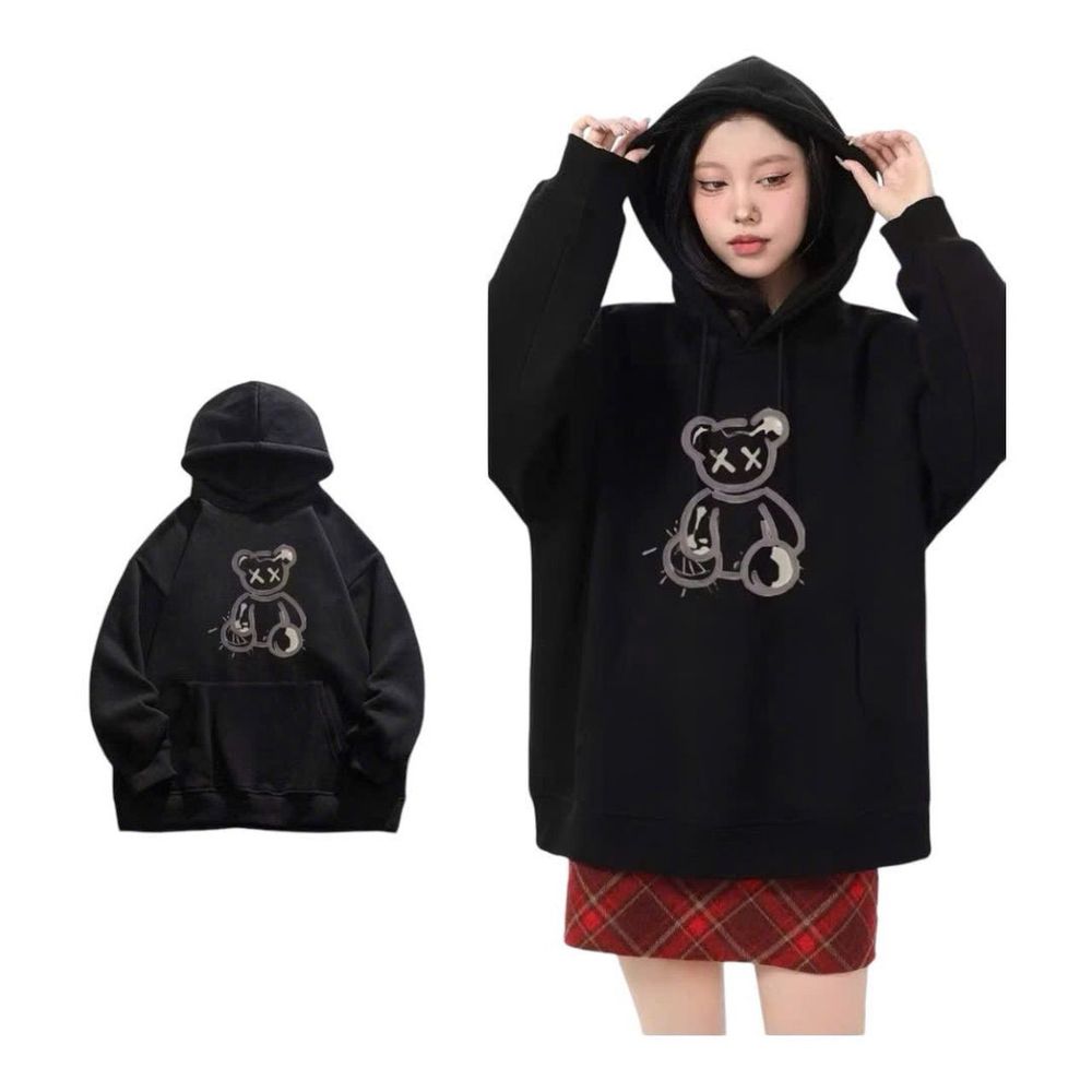 Áo Hoodie in gấu chất nỉ mềm mịn, bo dệt, nón 2 lớp vải chính