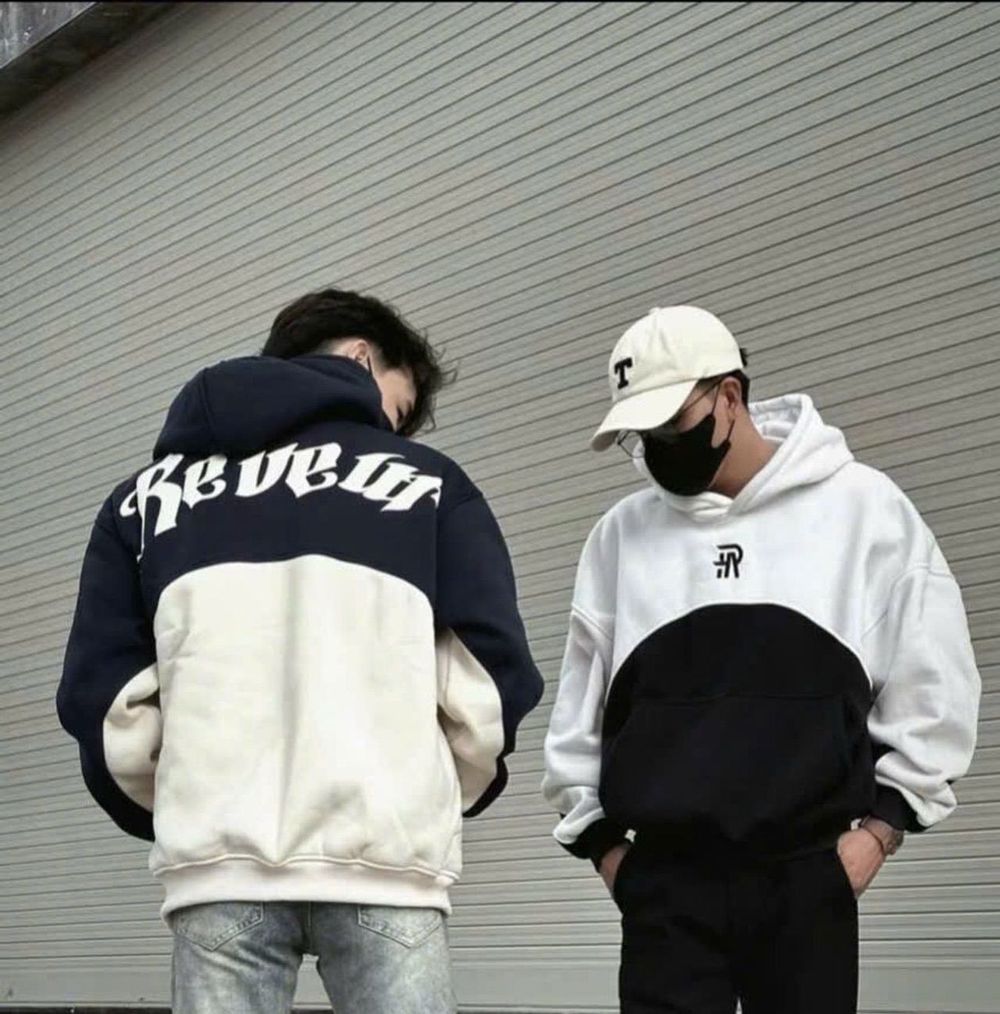 Áo hoodie phối 2 màu thêu R. E.VEUR chất nỉ pe dày mền mịn, nón 2 lớp form rộng