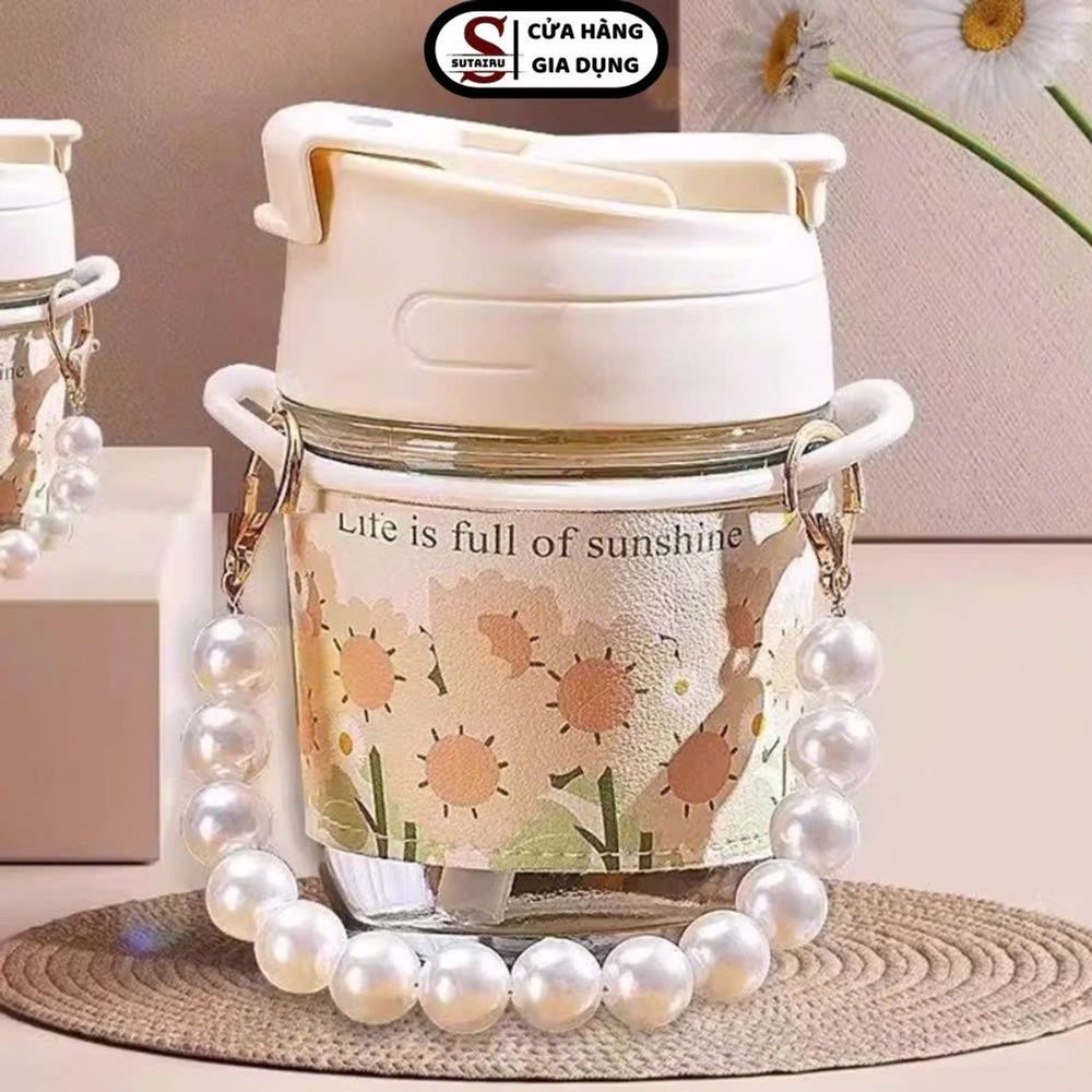Bình Nước Cầm Tay Họa Tiết Hoa - Cốc Nước Bao Da Dung Tích 350ml, Bình Nước Cute Có Quai Xách Ngọc Trai ( THÙNG 70 C )