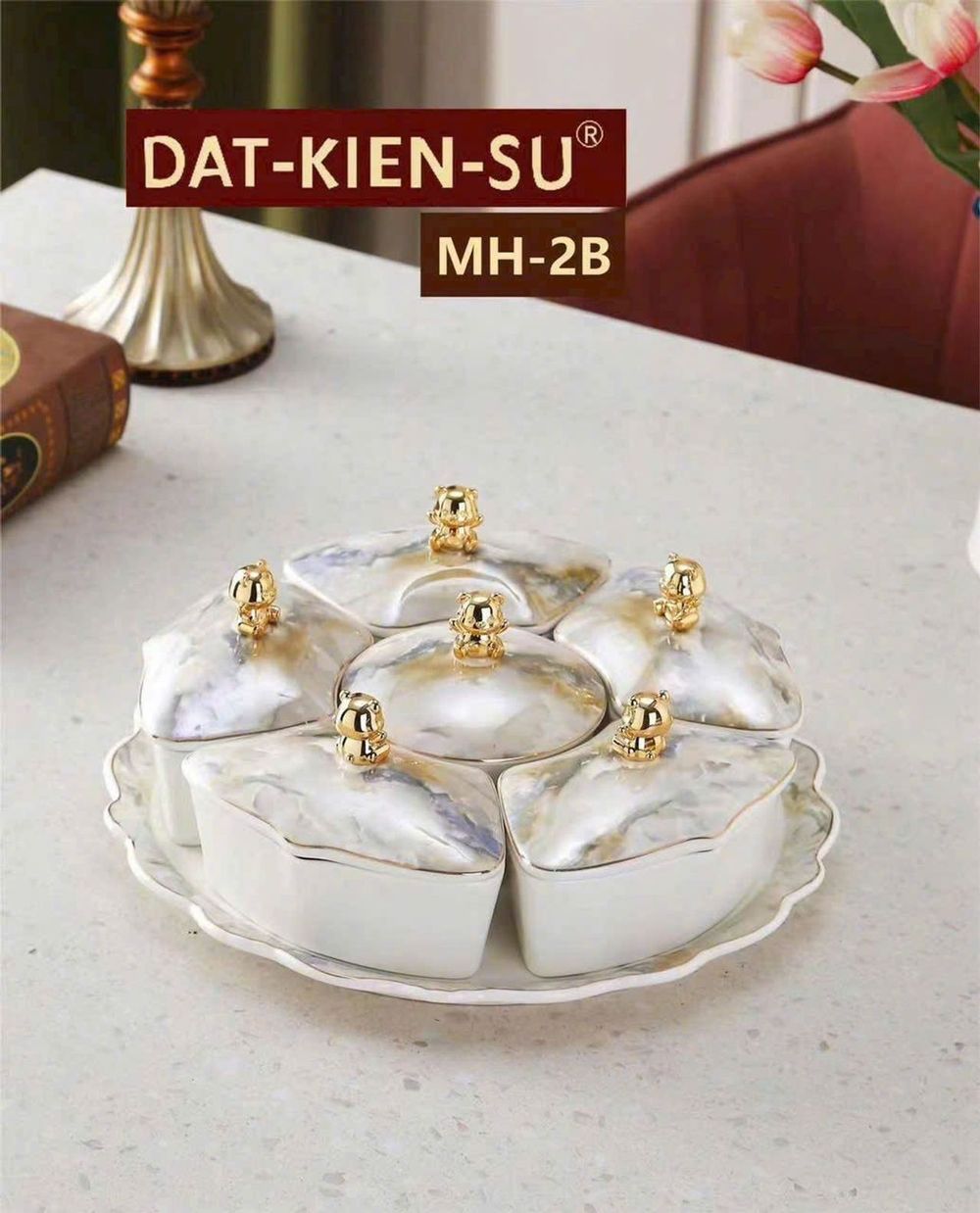 KHAY ĐỰNG MỨT TẾT BẰNG SỨ XƯƠNG CAO CẤP SANG TRỌNG,Khay mứt thủy tinh nắp sứ xoáy vân đá. ( THÙNG 10 C )