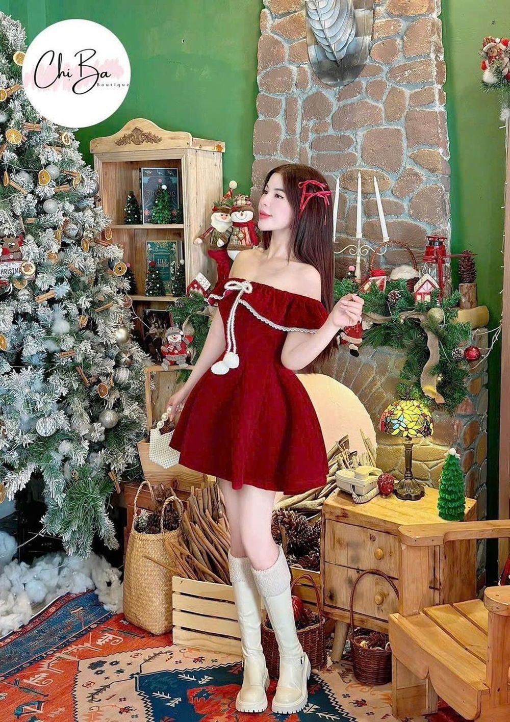 Đầm Nhung đỏ Xoè trễ vai cực đẹp..