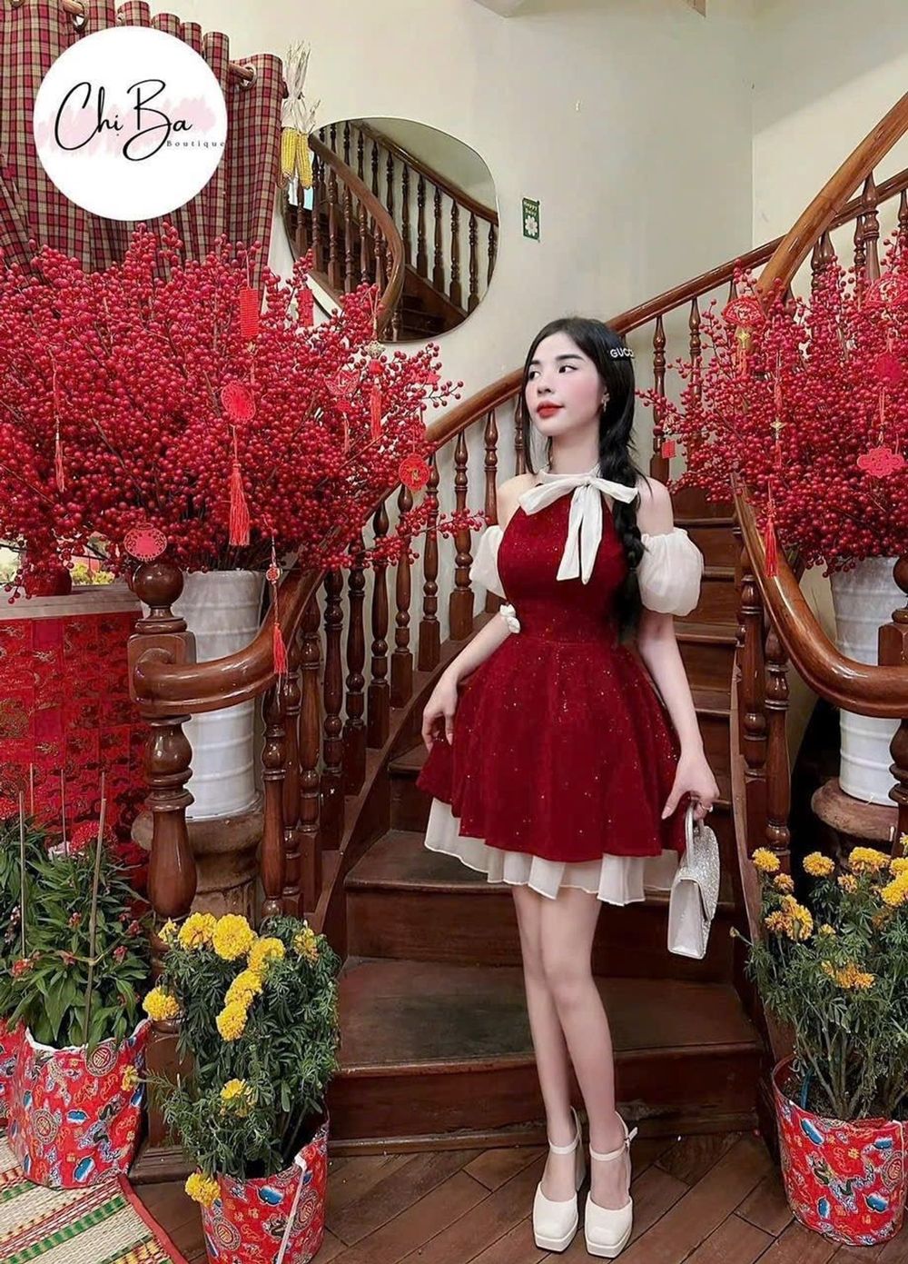 Đầm Nhung ánh kim đỏ cổ yếm rớt vai siêu xinh …