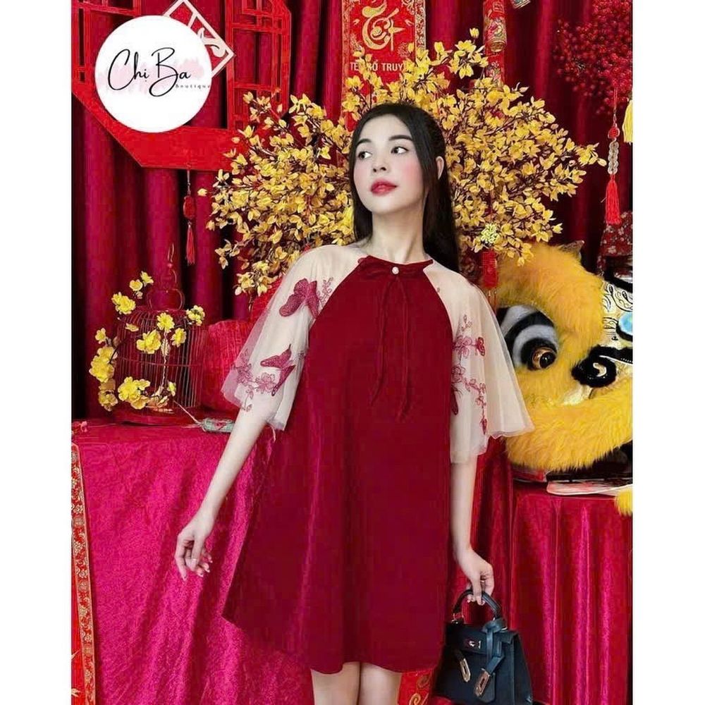 Đầm Nhung đỏ babydoll phối tay đính nơ xiu xinh
