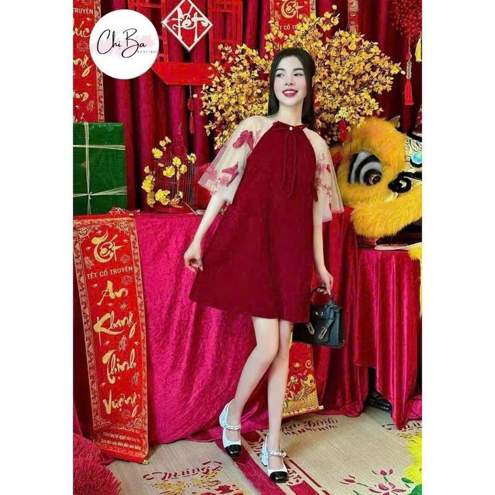 Đầm Nhung đỏ babydoll phối tay đính nơ xiu xinh