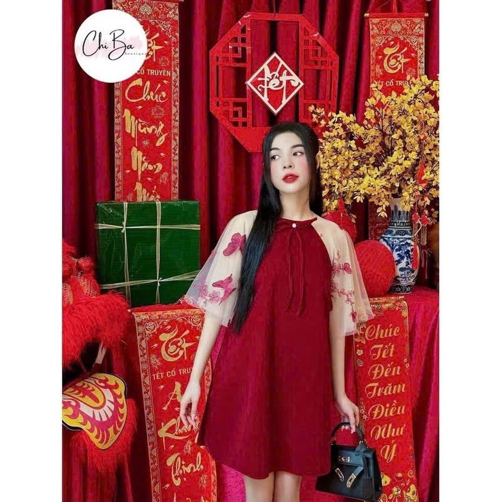 Đầm Nhung đỏ babydoll phối tay đính nơ xiu xinh
