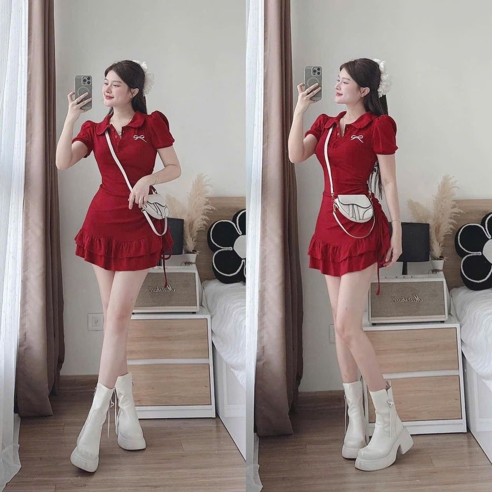 Đầm thun body, cổ polo màu đỏ thêu nơ xinh xắn