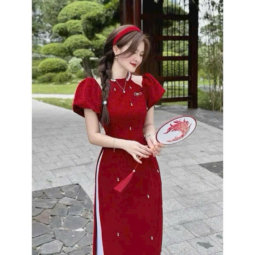 sét áo dài đỏ cổ yếm tròn tay ngắn bẹt vai …