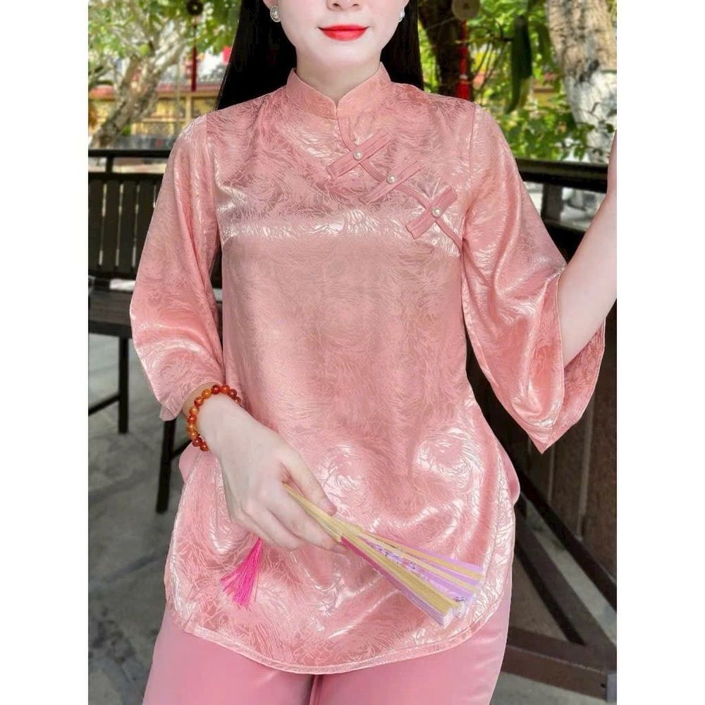 Đồ lam đi chùa, Bộ phật tử pháp phục cổ tàu đính ngọc áo Gấm Tô Châu, quần Lụa Vân cao cấp