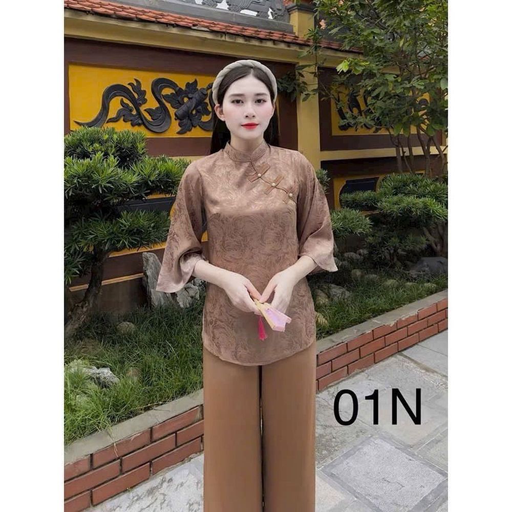 Đồ lam đi chùa, Bộ phật tử pháp phục cổ tàu đính ngọc áo Gấm Tô Châu, quần Lụa Vân cao cấp