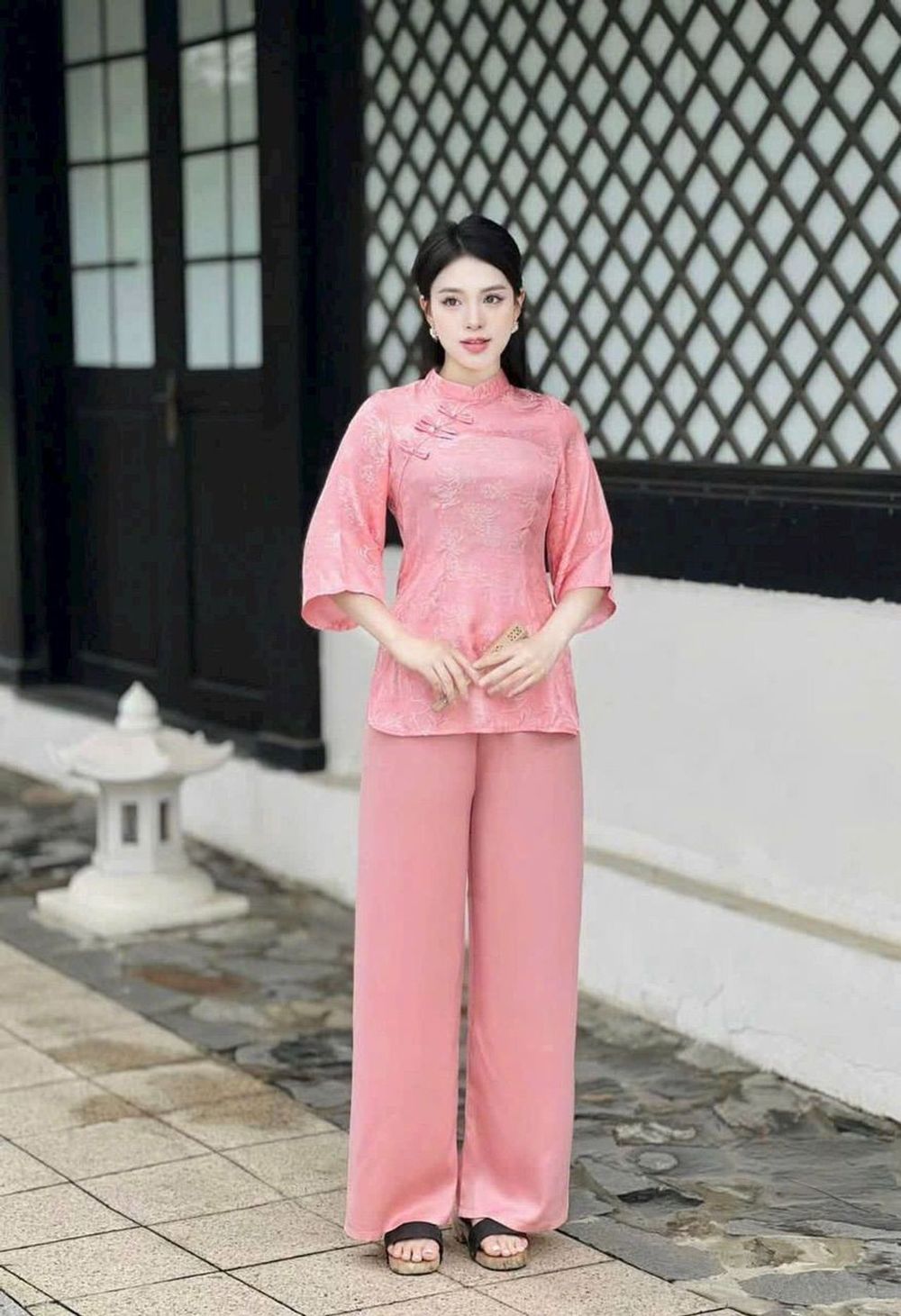 Đồ lam đi chùa, Bộ phật tử pháp phục cổ tàu đính ngọc áo Gấm Tô Châu, quần Lụa Vân cao cấp