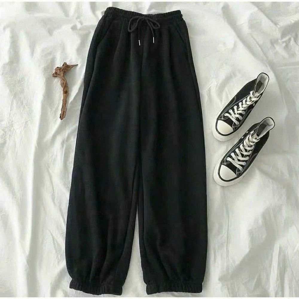 Quần jogger nữ bo gấu trơn vải thun da cá, quần bom ống rộng nữ nỉ thun dáng jogger mặc thu đông