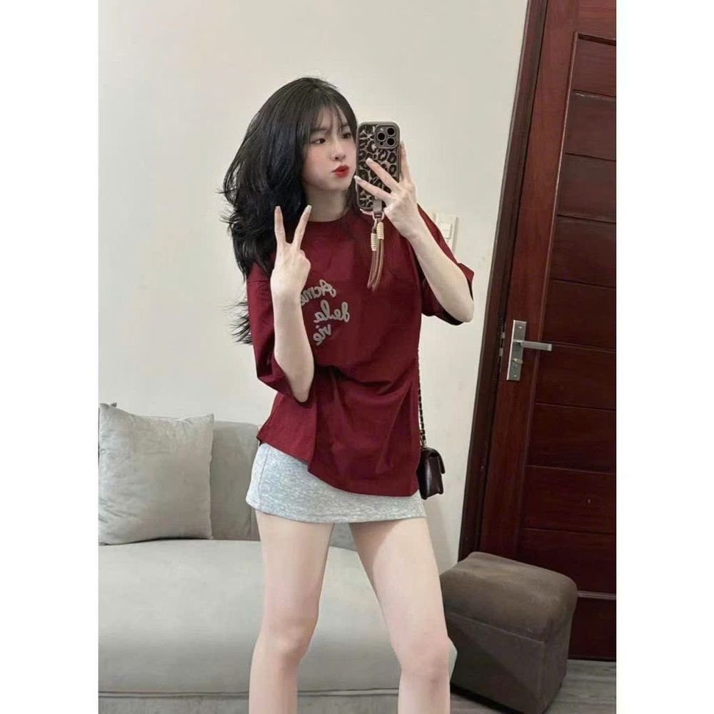 Set Áo Phông In Chữ 2 Mặt Mix Chân Váy Ngắn Chữ A Kèm Quần Trong Xanh Đỏ Cam